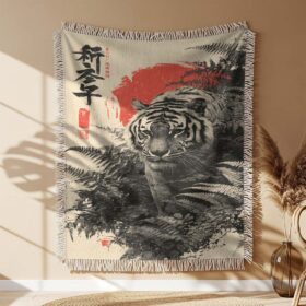 A Japanese tiger amongst ferns Woven Blanket
