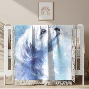 Alternative view of White Maltese gazing and butterfly Woven Blanket