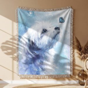 White Maltese gazing and butterfly Woven Blanket
