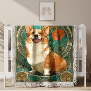 A Corgi happily squatting Woven Blanket
