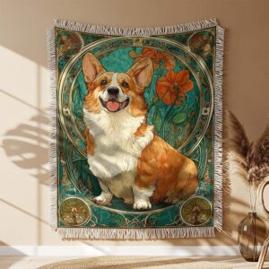 Alternative view of A Corgi happily squatting Woven Blanket