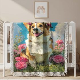 A Corgi is sitting on the grass wearing a flower crown Woven Blanket