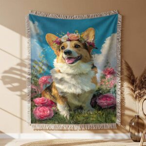 Alternative view of A Corgi is sitting on the grass wearing a flower crown Woven Blanket