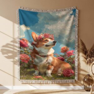 Alternative view of A Corgi is sitting on the grass with a rose Woven Blanket