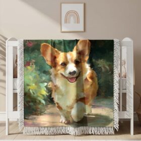A cheerful Corgi walking on a garden Woven Blanket