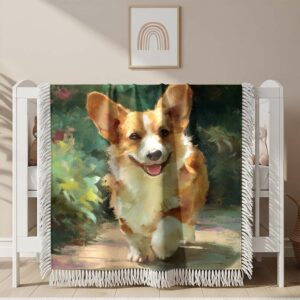 A cheerful Corgi walking on a garden Woven Blanket