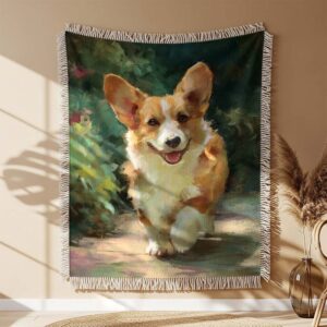Alternative view of A cheerful Corgi walking on a garden Woven Blanket