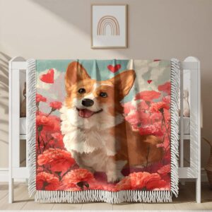 A corgi is sitting in a field of blooming Woven Blanket
