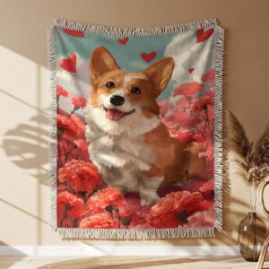 Alternative view of A corgi is sitting in a field of blooming Woven Blanket