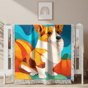 A cute Corgi sitting next to a pumpkin Woven Blanket