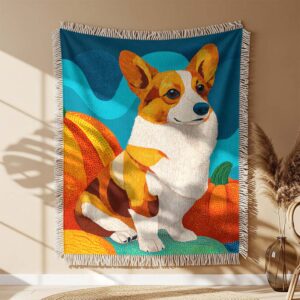 Alternative view of A cute Corgi sitting next to a pumpkin Woven Blanket