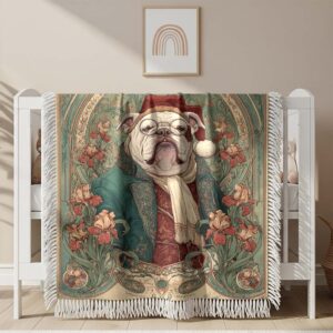 A dignified English Bulldog wearing transparent Woven Blanket