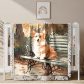 A fluffy red corgi with white spots is walking through Woven Blanket