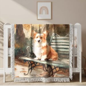 A fluffy red corgi with white spots is walking through Woven Blanket