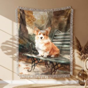 Alternative view of A fluffy red corgi with white spots is walking through Woven Blanket