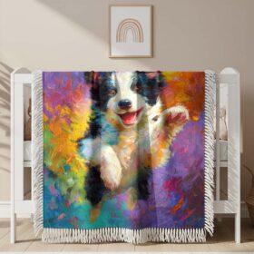A joyful and very plump Border Collie puppy Woven Blanket