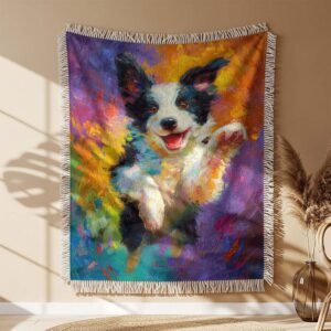 Alternative view of A joyful and very plump Border Collie puppy Woven Blanket