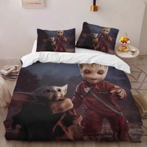 Alternative view of Baby Yoda and Groot Duvet Cover