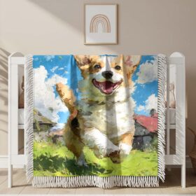 Cute Corgi Dog Running in the green grass smiling Woven Blanket