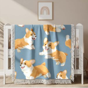 Cute corgi puppies in playful poses running sitting Woven Blanket