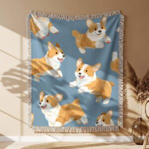 Alternative view of Cute corgi puppies in playful poses running sitting Woven Blanket