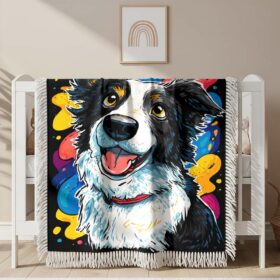 Diamond Style Cute and playful Border Collie cartoon style Woven Blanket