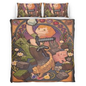 Minecraft Alex and The Characters in game as Pig Cat Duvet Cover