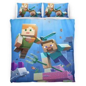Minecraft Steve And Alex Under Ocean Biome Fight Guardian Duvet Cover
