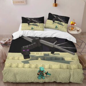 Alternative view of Minecraft Steve and Ender Dragon in The End Duvet Cover