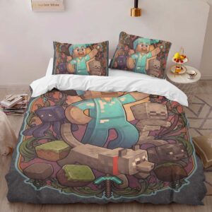 Alternative view of Minecraft Steve and the characters around the game Duvet Cover