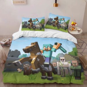 Alternative view of Minecraft Steve riding horsebrine with a sword Duvet Cover