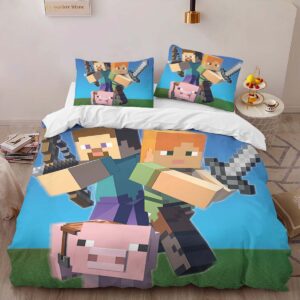 Alternative view of Minecraft Steve with Pig Game Room Duvet Cover
