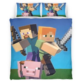 Minecraft Steve with Pig Game Room Duvet Cover