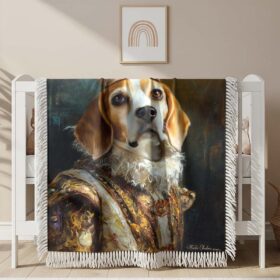 Oil painting of a beagle dog wearing king’s clothes Woven Blanket