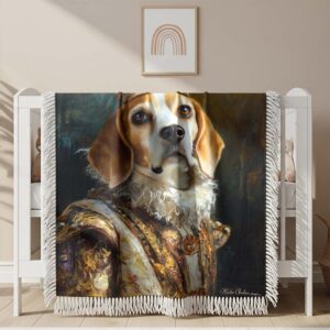 Oil painting of a beagle dog wearing king's clothes Woven Blanket