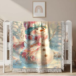 Snowman adorned with a vintage multicolore Woven Blanket