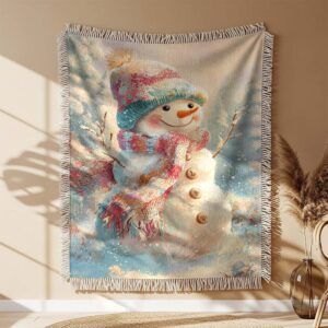 Alternative view of Snowman adorned with a vintage multicolore Woven Blanket